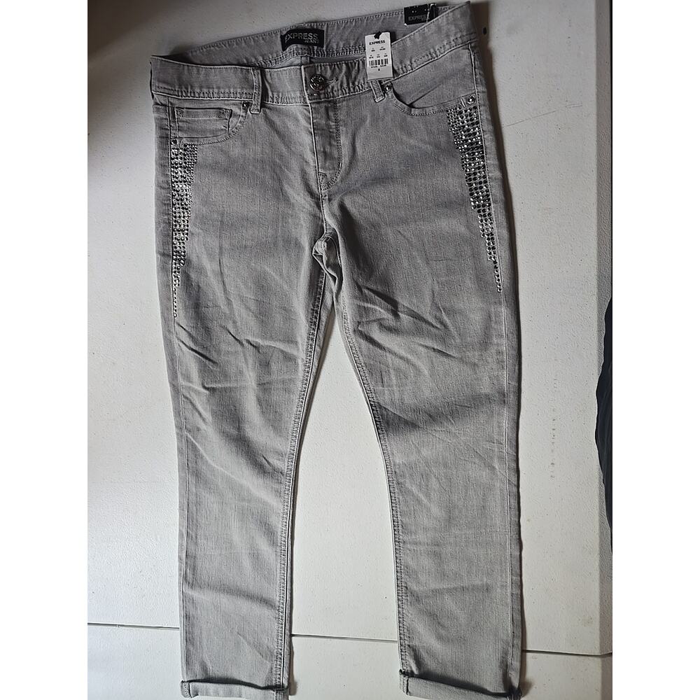 Express Gray Cropped Jean Legging Stella Regular Fit Low Rise Size 8 W/ Sequins